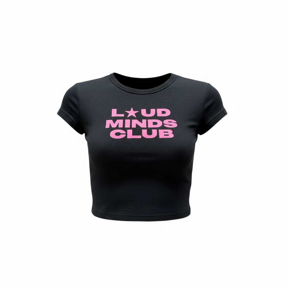 Black crop top with pink 'LOUD MINDS CLUB' text on a white background