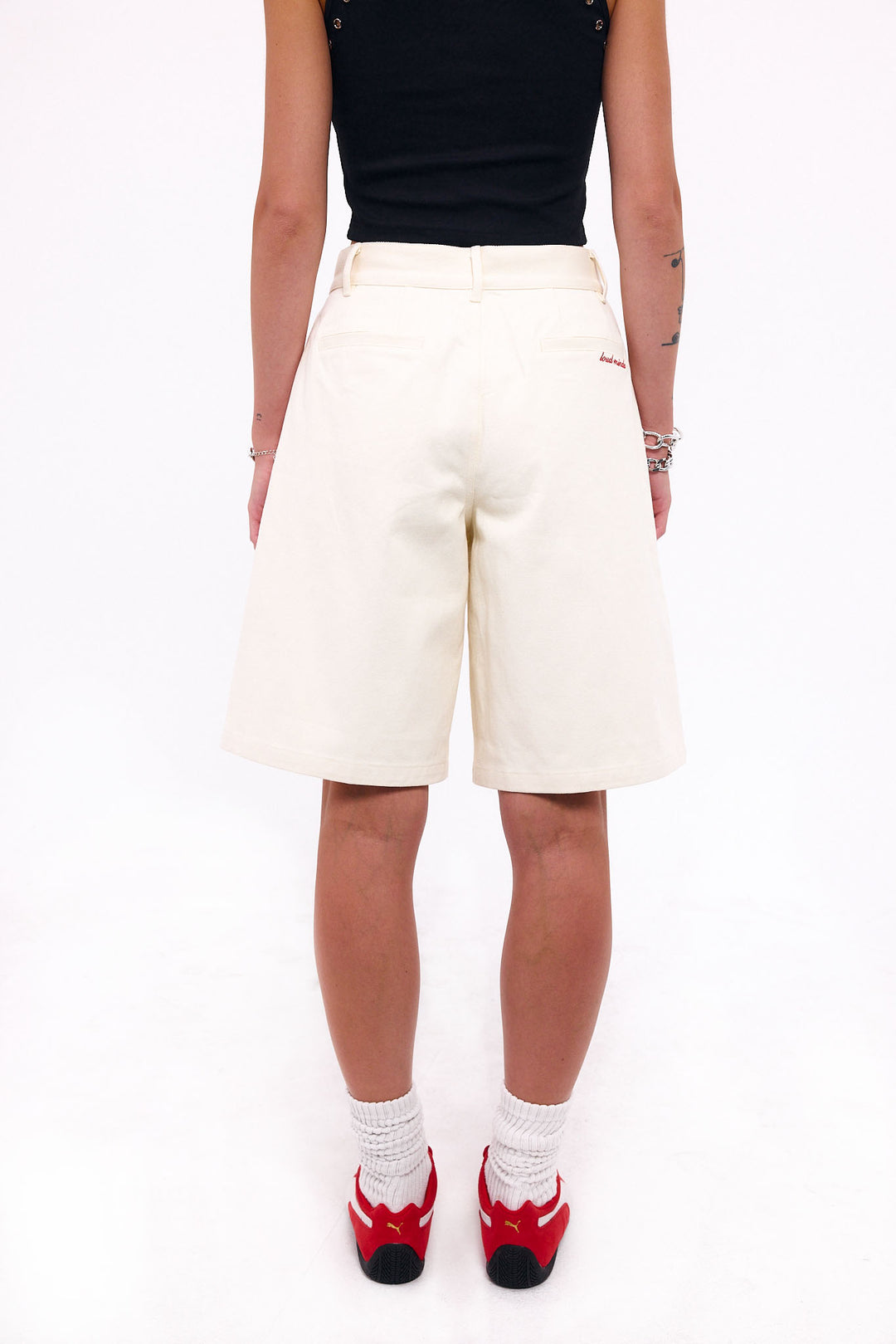 Loud Minds Good Riddance Shorts in beige heavyweight cotton, low-waisted bermuda, fabric detail