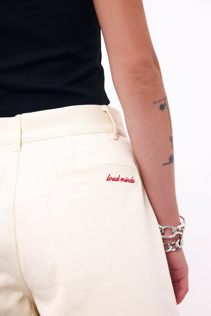 Loud Minds Good Riddance Shorts in beige heavyweight cotton, low-waisted bermuda, front view