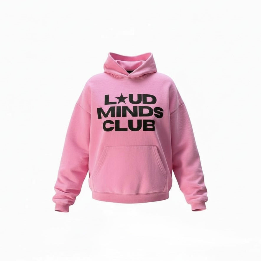 Pink hoodie with 'LOUD MINDS CLUB' text on a white background