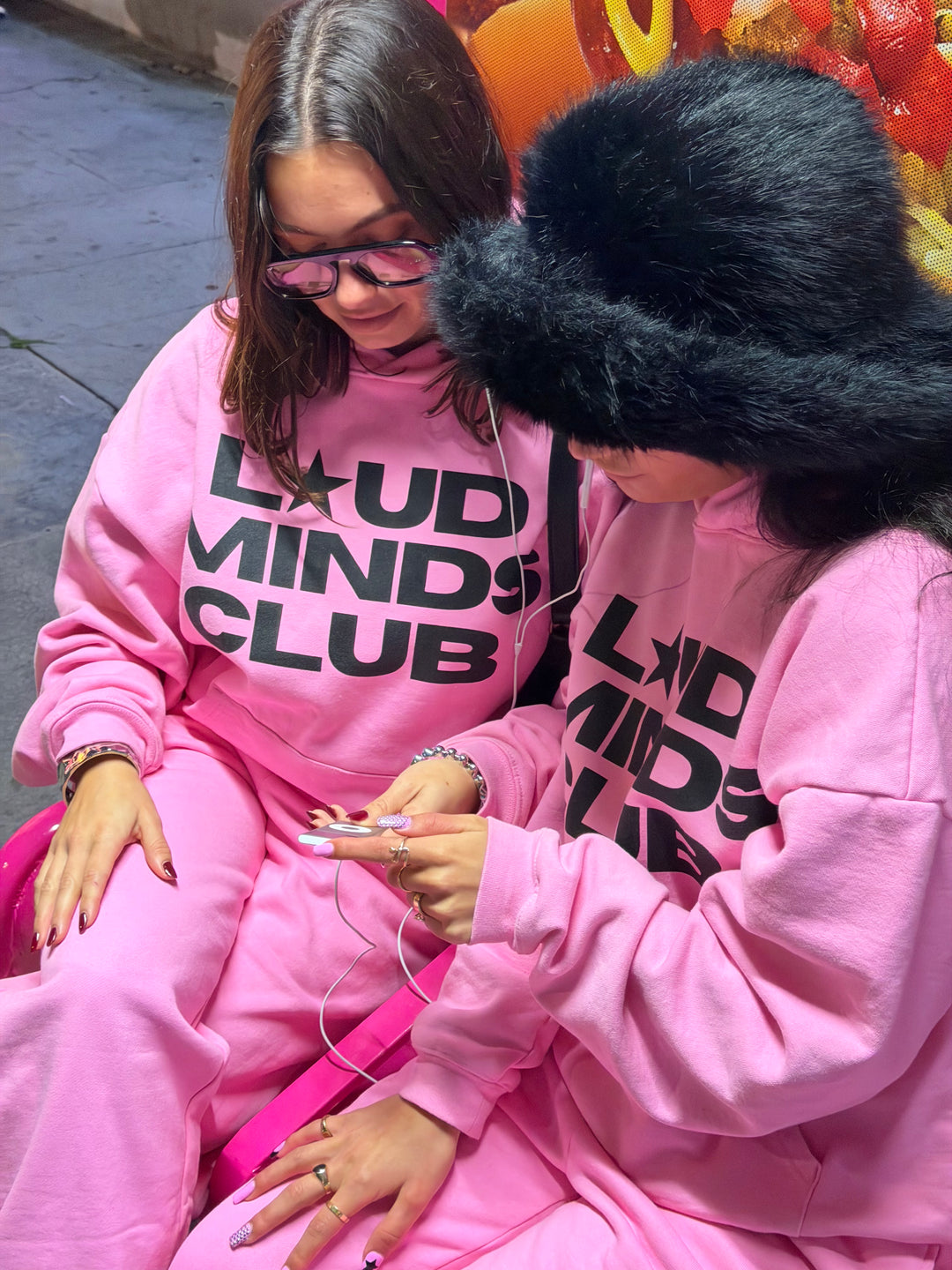 Loud Minds Club Pink Hoodie in bubblegum pink cotton fleece, oversized, front view