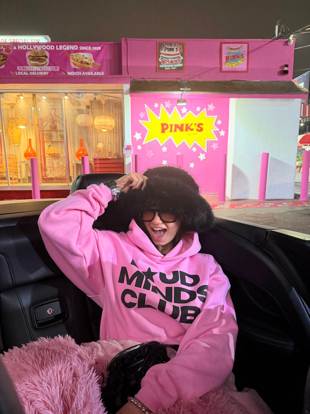 Loud Minds Club Pink Hoodie in bubblegum pink cotton fleece, oversized, back view