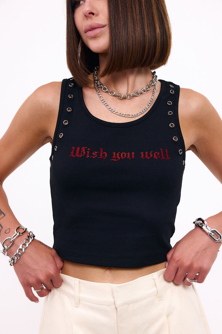 Loud Minds Wish You Well Tank in black cotton stretch jersey with red rhinestone detail, back view