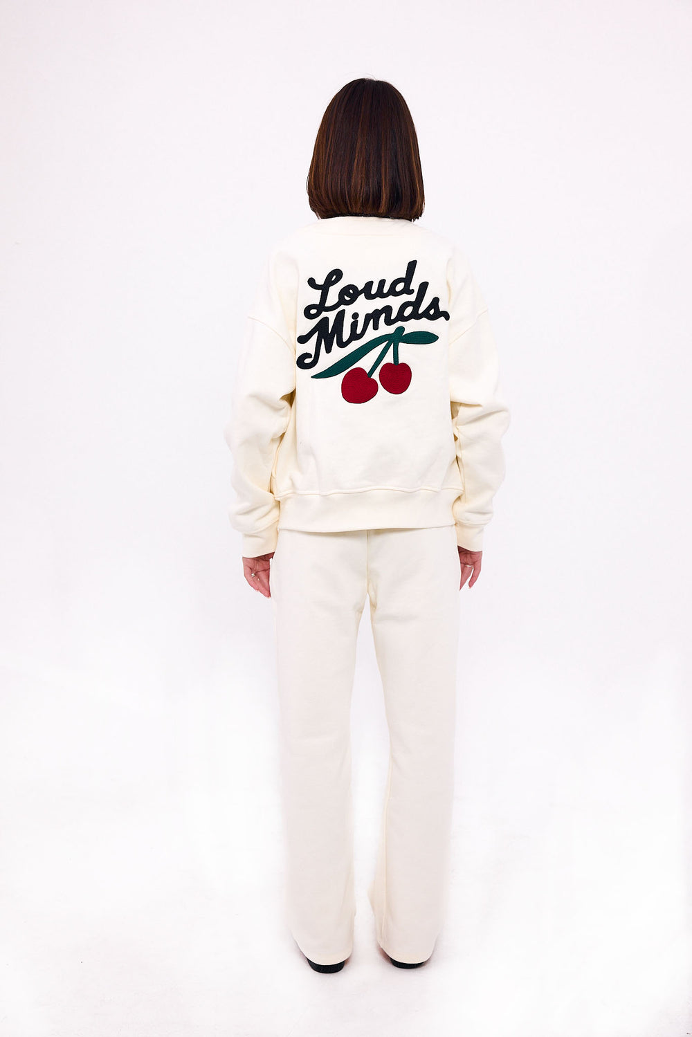 Loud Minds The Iconic Fleece Cardigan in white organic cotton fleece, button-up, back view