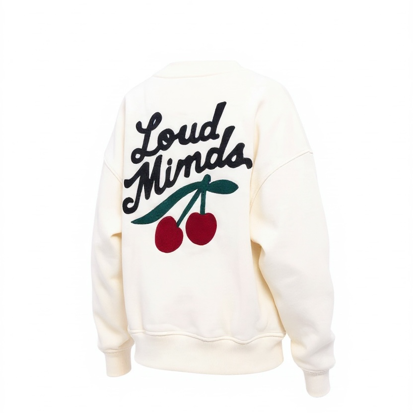 Loud Minds The Iconic Fleece Cardigan in white organic cotton fleece, button-up, front view