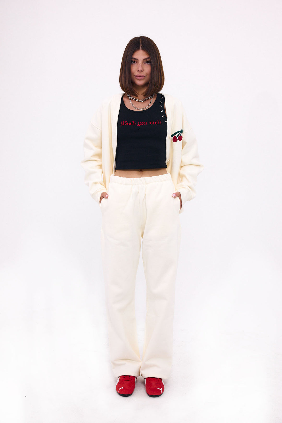 Loud Minds The Iconic Fleece Cardigan in white organic cotton fleece, button-up, side view