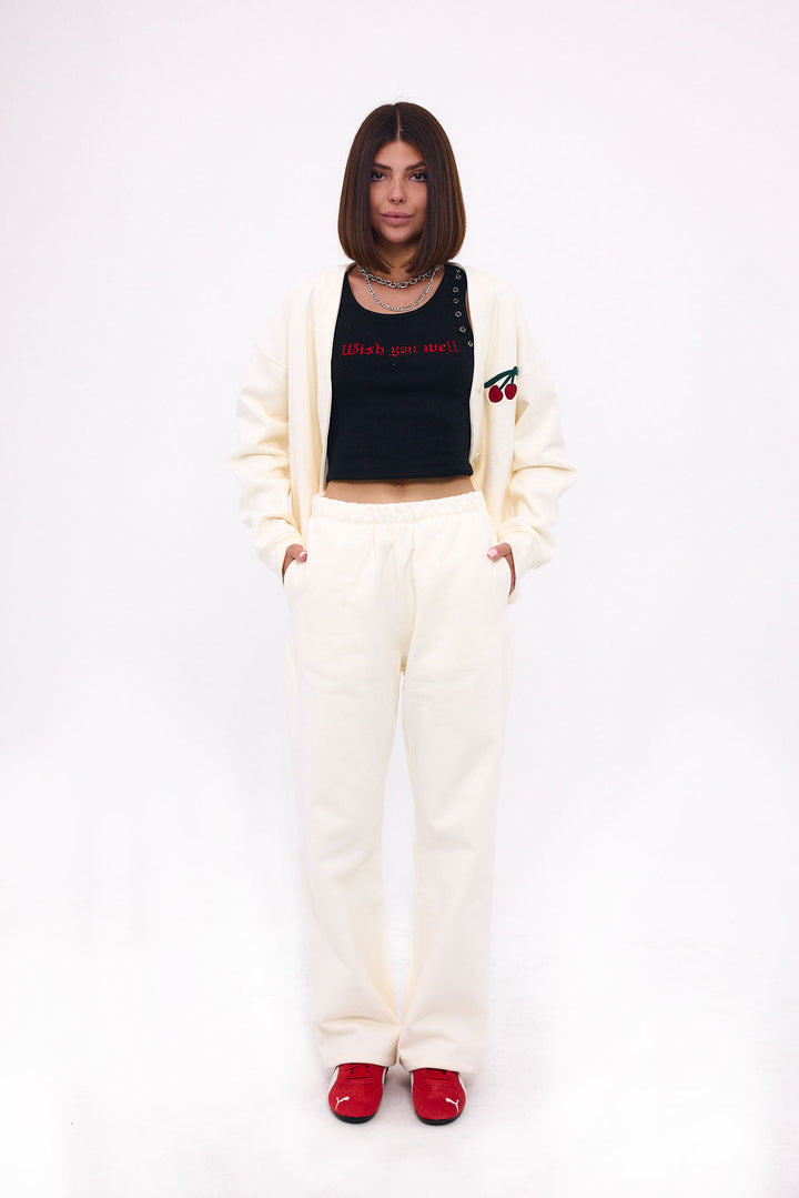 Loud Minds The Iconic Fleece Cardigan in white organic cotton fleece, button-up, side view