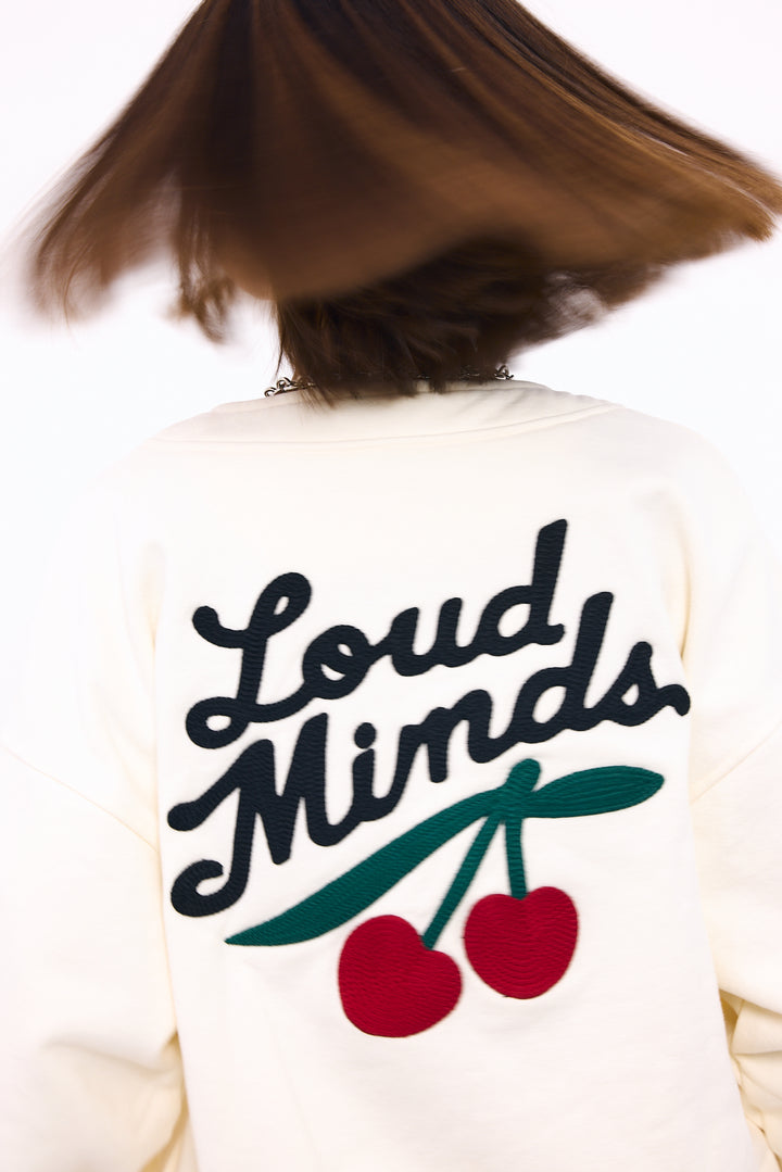 Loud Minds The Iconic Fleece Cardigan in white organic cotton fleece, button-up, fabric detail