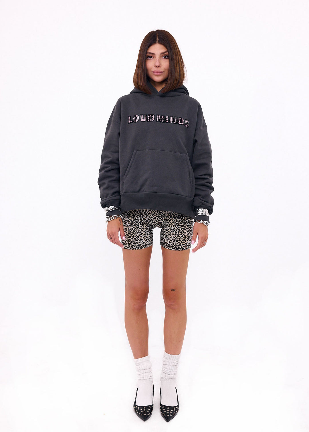 Loud Minds Your Favorite Fleece Hoodie in charcoal organic cotton fleece, back view