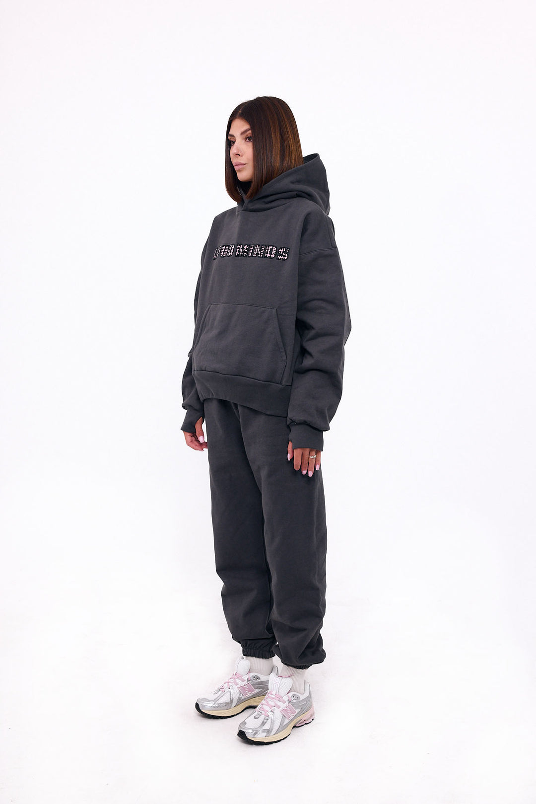 Loud Minds Your Favorite Fleece Hoodie in charcoal organic cotton fleece, fabric detail