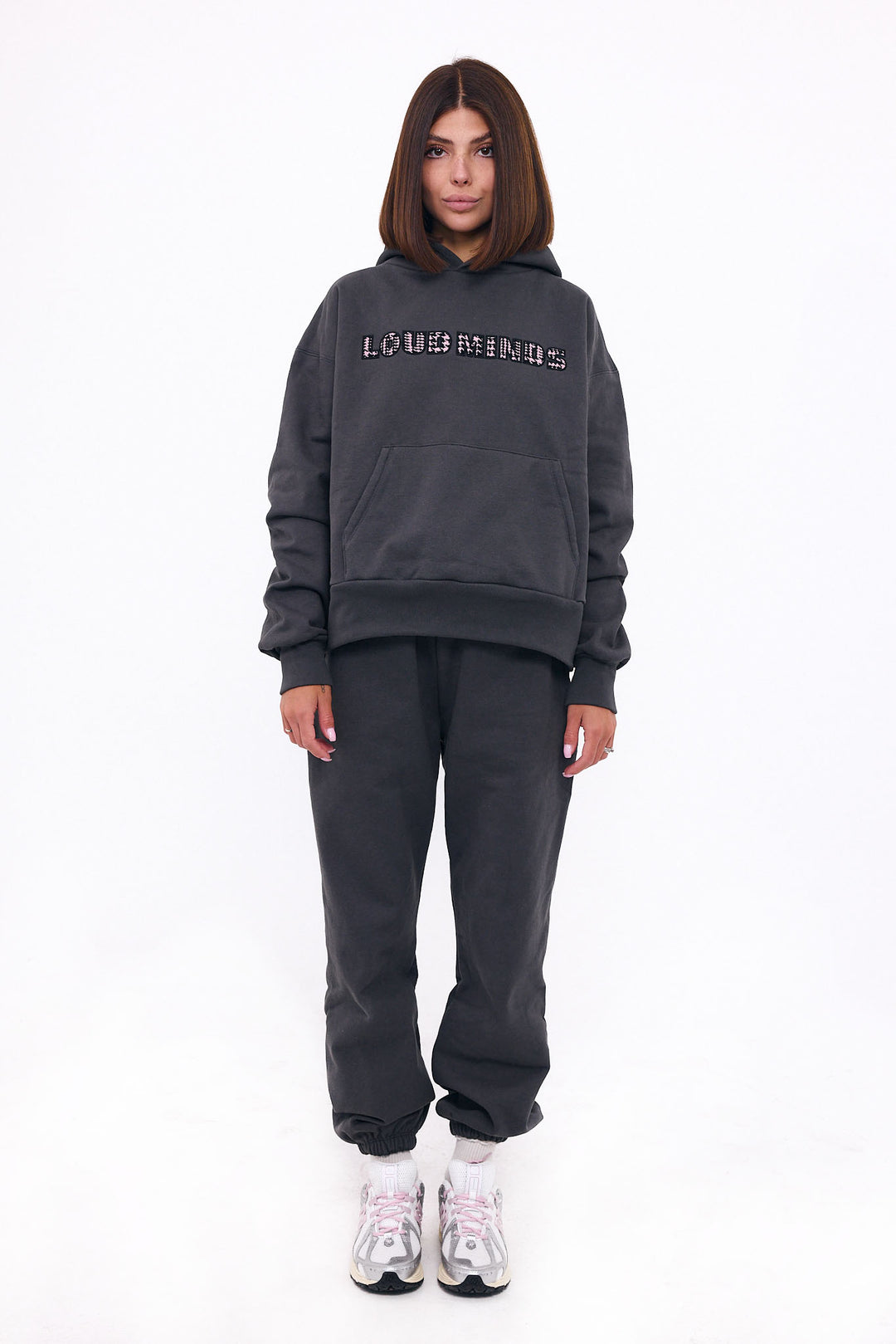 Loud Minds Your Favorite Fleece Hoodie in charcoal organic cotton fleece, logo detail