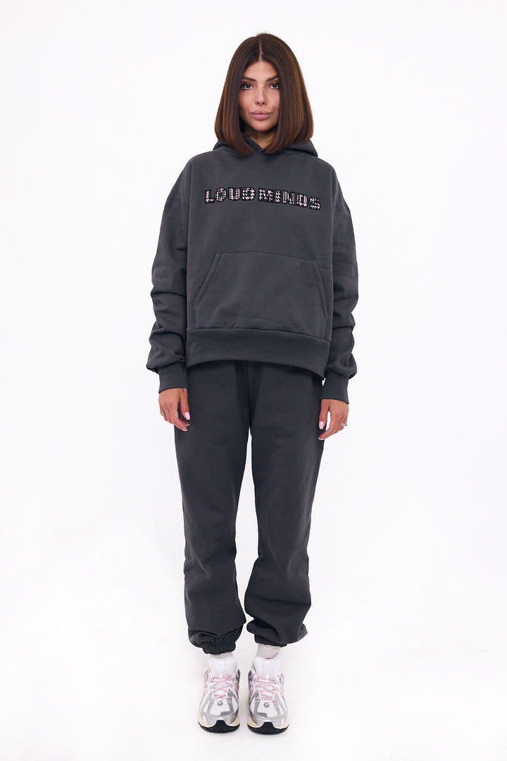 Loud Minds Your Favorite Fleece Hoodie in charcoal organic cotton fleece, logo detail