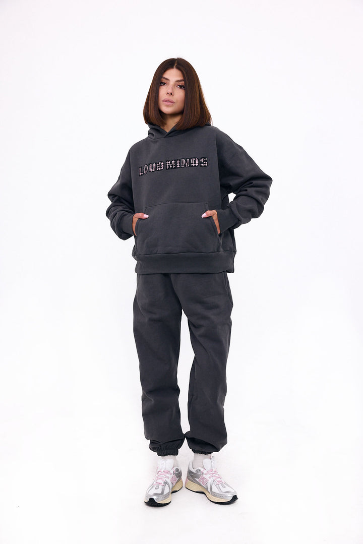 Loud Minds Your Favorite Fleece Hoodie in charcoal organic cotton fleece, back view