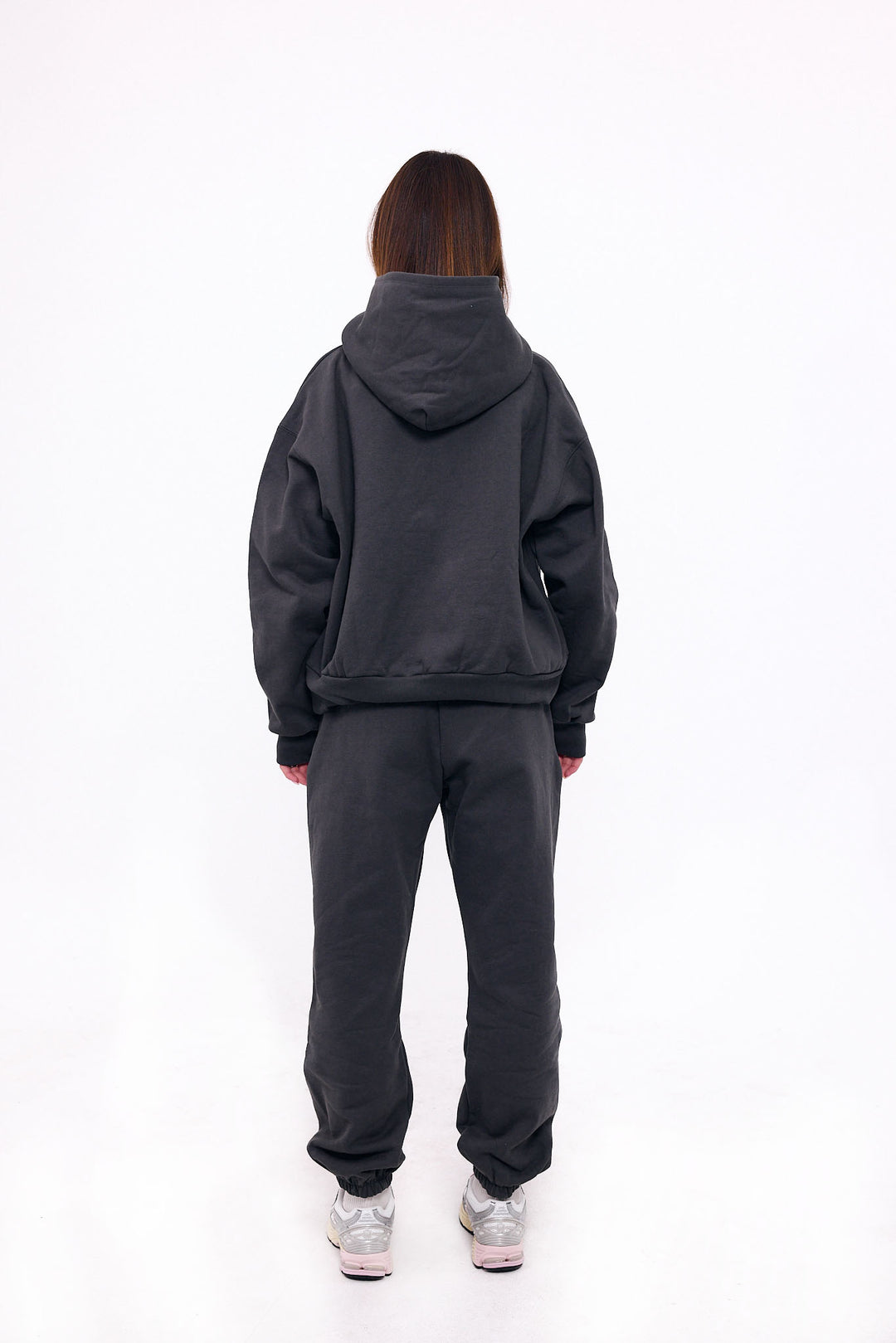 Loud Minds Your Favorite Fleece Hoodie in charcoal organic cotton fleece, side view