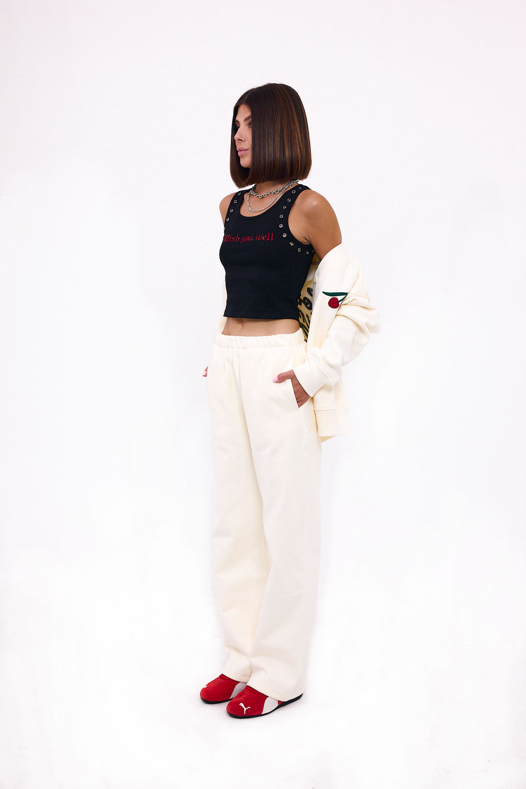 Loud Minds The Iconic Fleece Straight Leg Pant in white organic cotton fleece, straight leg, back view