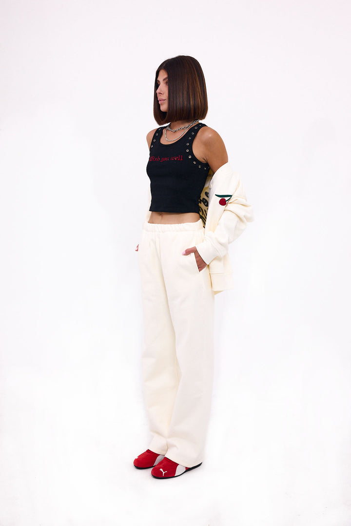 Loud Minds The Iconic Fleece Straight Leg Pant in white organic cotton fleece, straight leg, back view