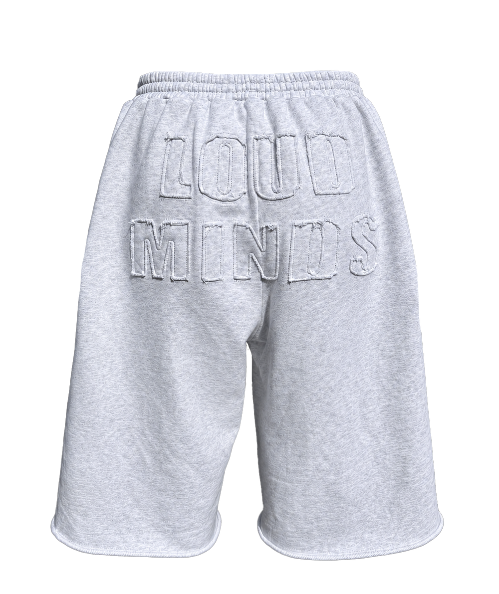 Loud Minds Baddie Baggy Sweat Shorts in heather grey fleece, oversized fit, front view