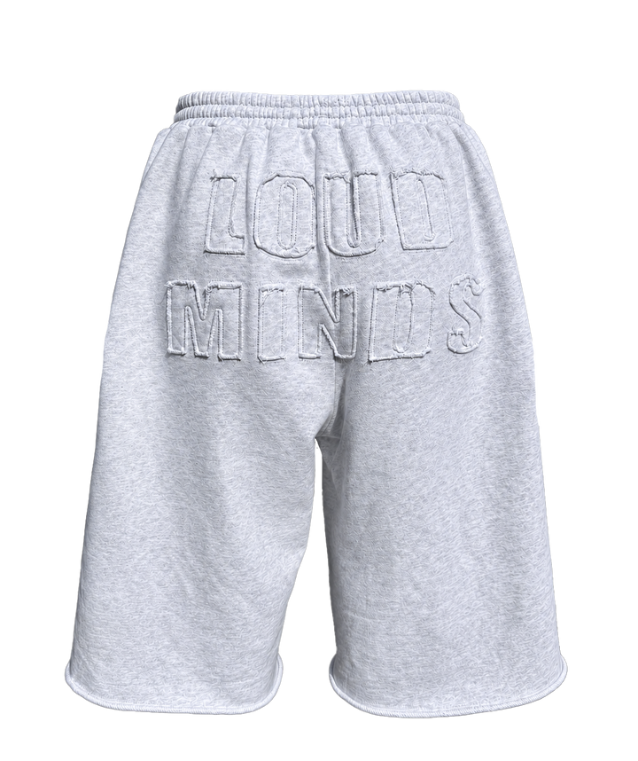 Loud Minds Baddie Baggy Sweat Shorts in heather grey fleece, oversized fit, front view