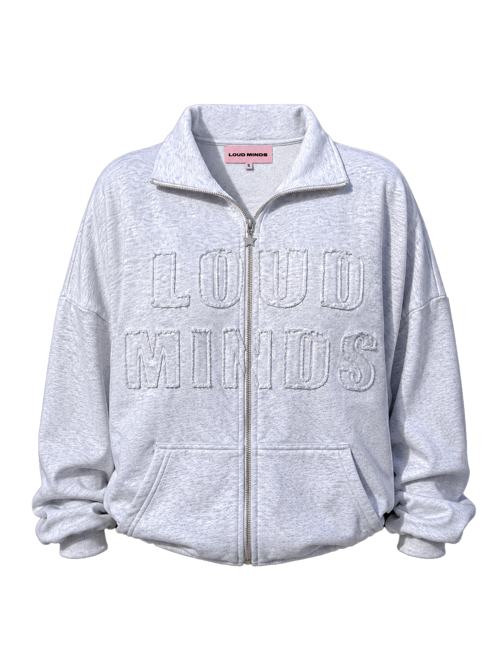 Gray zip-up hoodie with 'LOUD MINDS' text on a white background