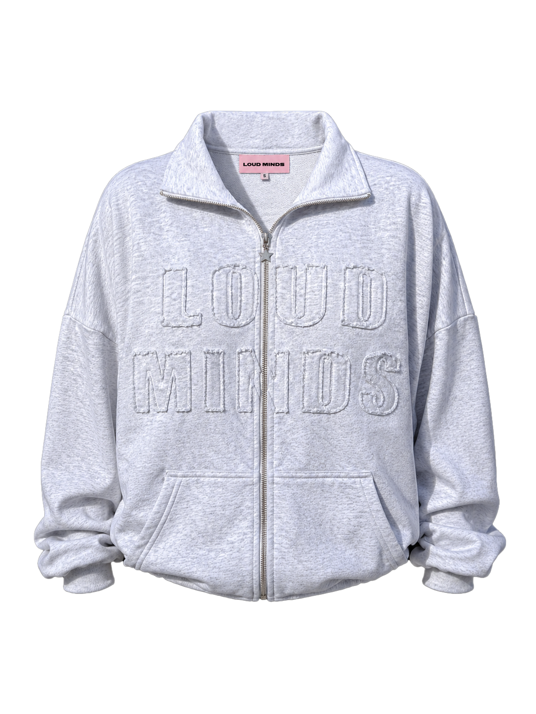Gray zip-up hoodie with 'LOUD MINDS' text on a white background