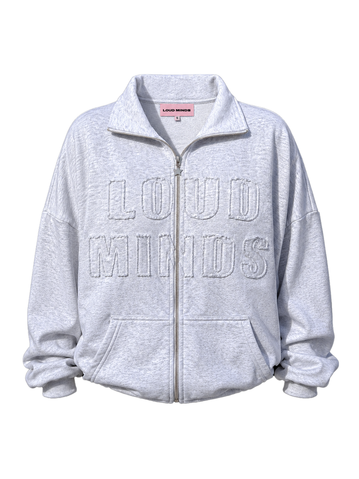 Gray zip-up hoodie with &