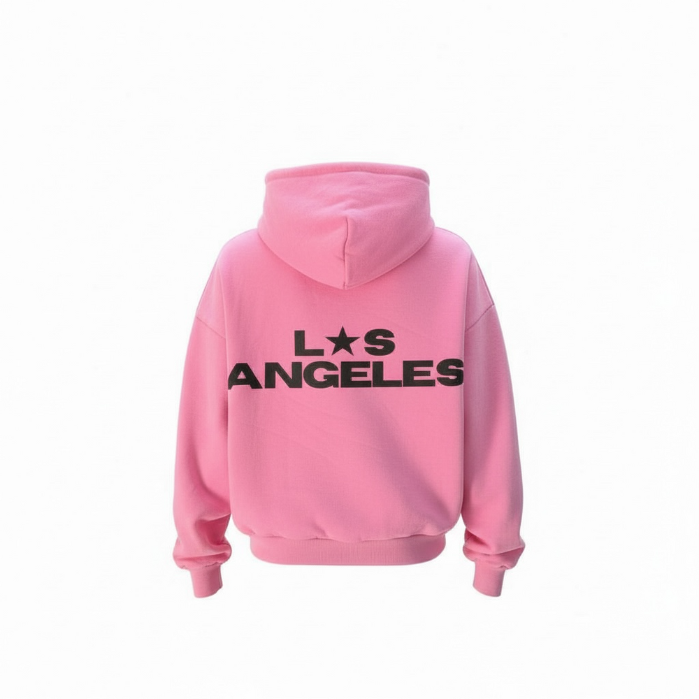 Pink hoodie with 'Los Angeles' text on the back against a white background