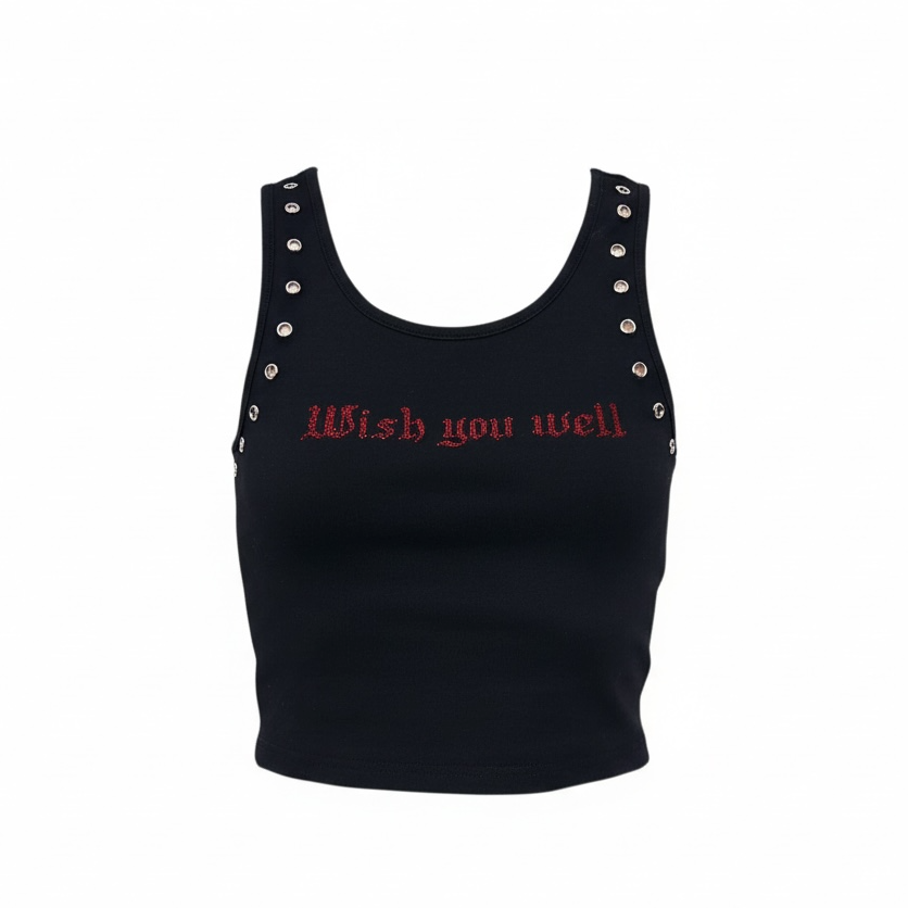 Black tank top with 'Wish you well' text and silver studs on a white background