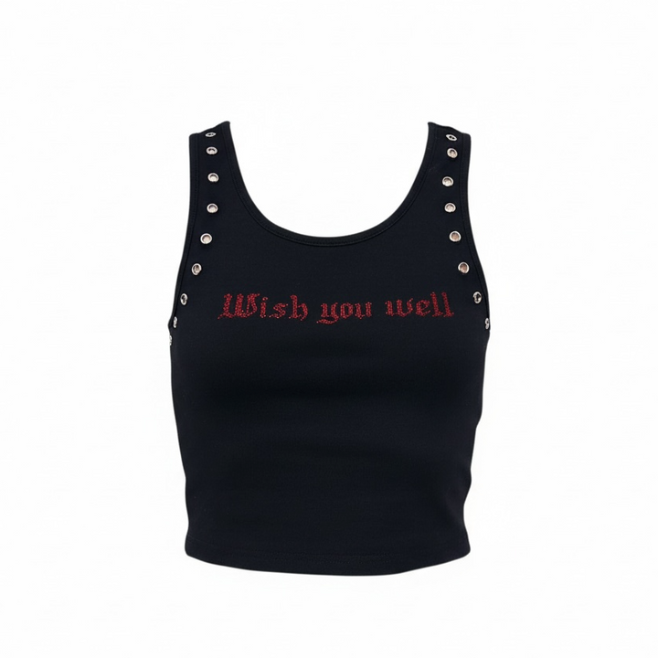 Black tank top with 'Wish you well' text and silver studs on a white background