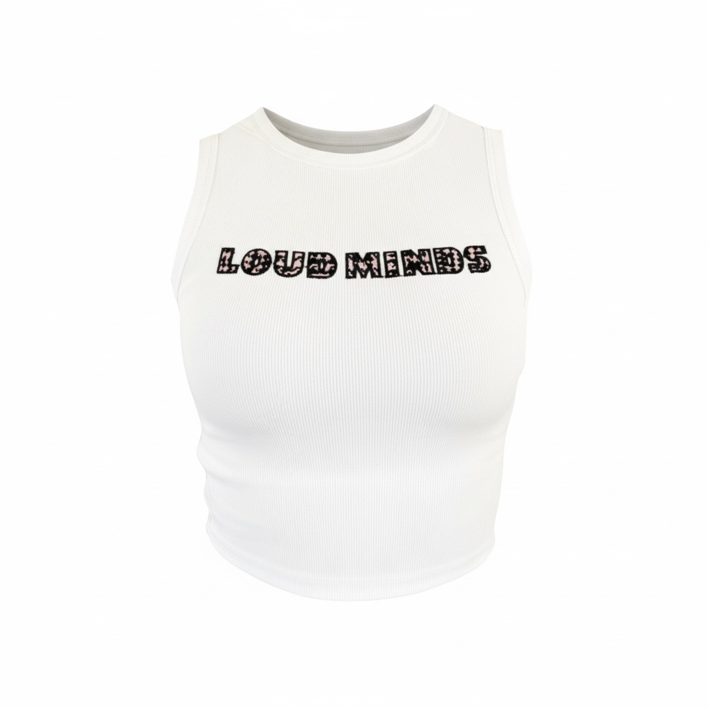 White crop top with 'LOUD MINDS' text on a white background