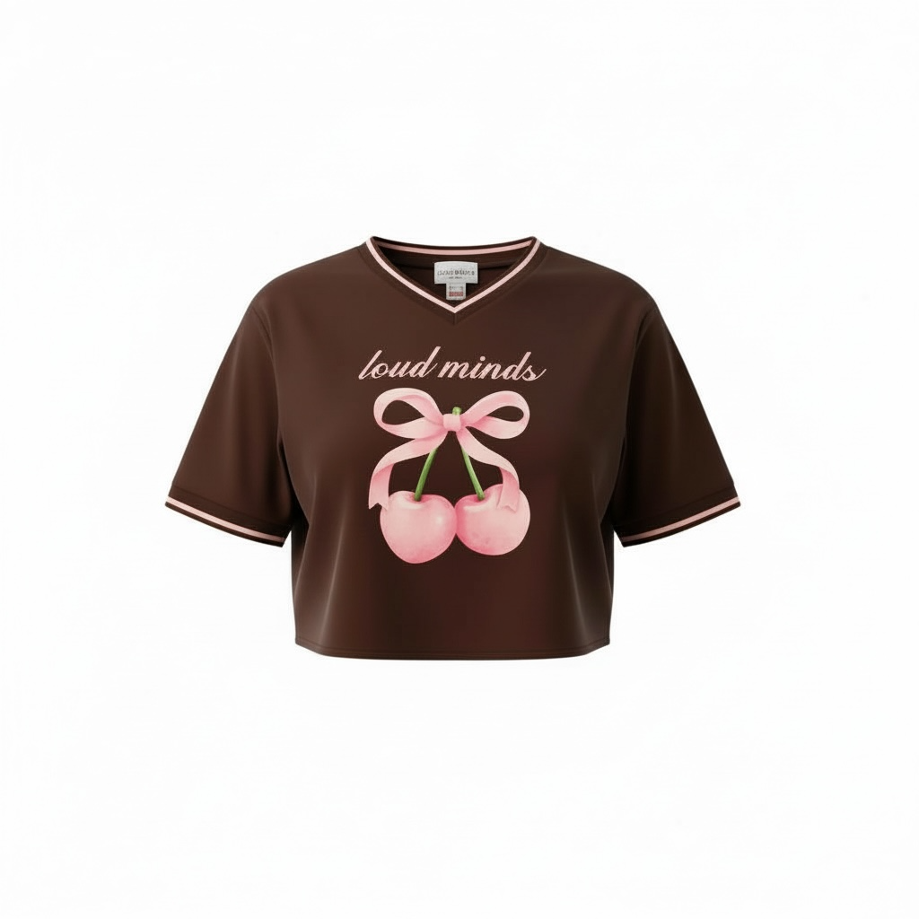 Brown crop top with pink cherries and text on a white background