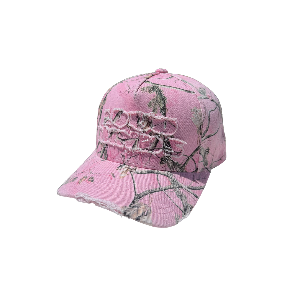 Pink camouflage baseball cap on a white background