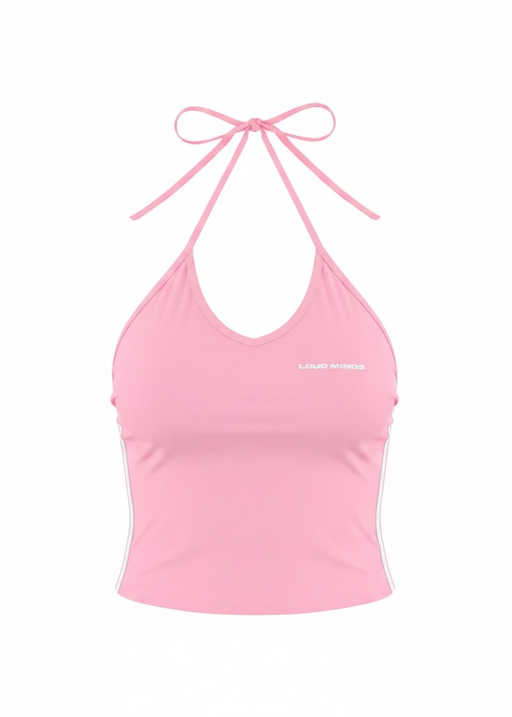 Pink crop top with halter neck and tied straps on a white background