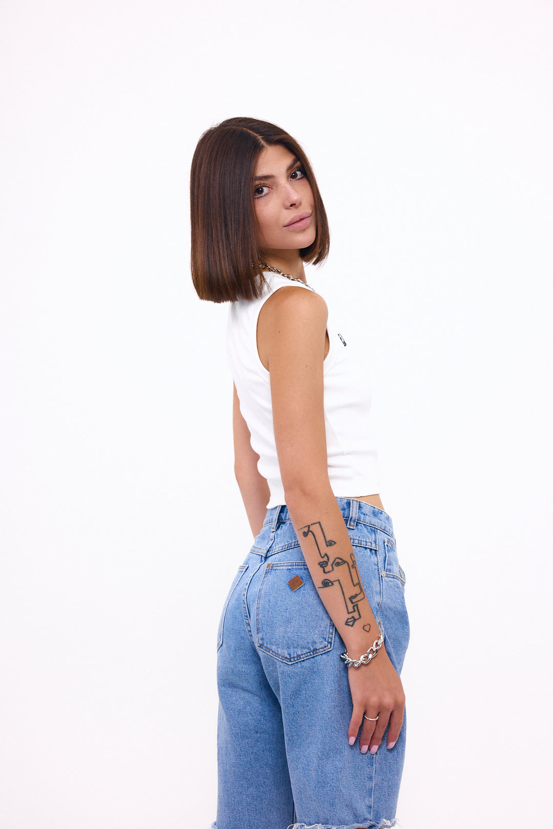Loud Minds Your Favorite Ribbed Tank in white ribbed cotton with houndstooth embroidery, side view