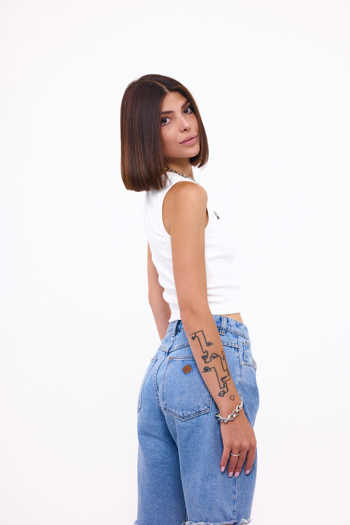 Loud Minds Your Favorite Ribbed Tank in white ribbed cotton with houndstooth embroidery, side view