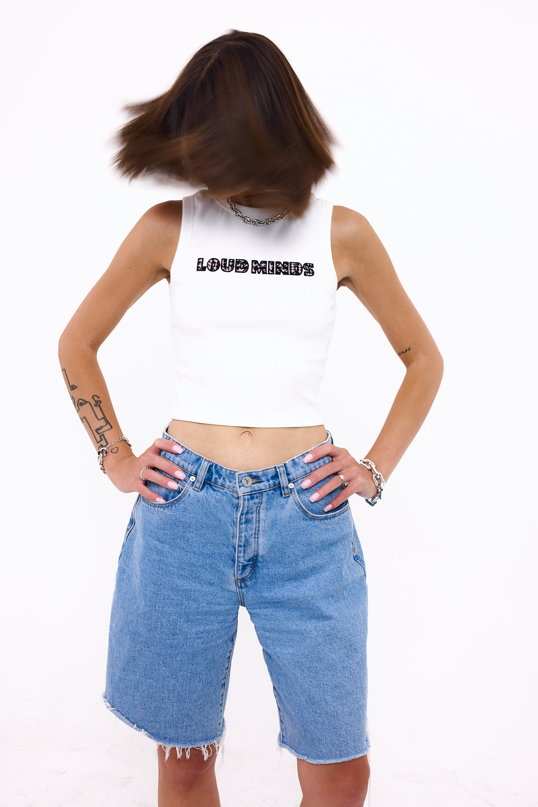 Loud Minds Your Favorite Ribbed Tank in white ribbed cotton with houndstooth embroidery, styled on model