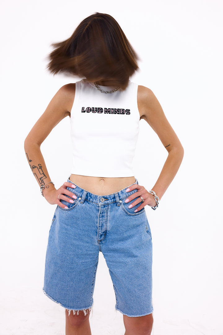 Loud Minds Your Favorite Ribbed Tank in white ribbed cotton with houndstooth embroidery, styled on model